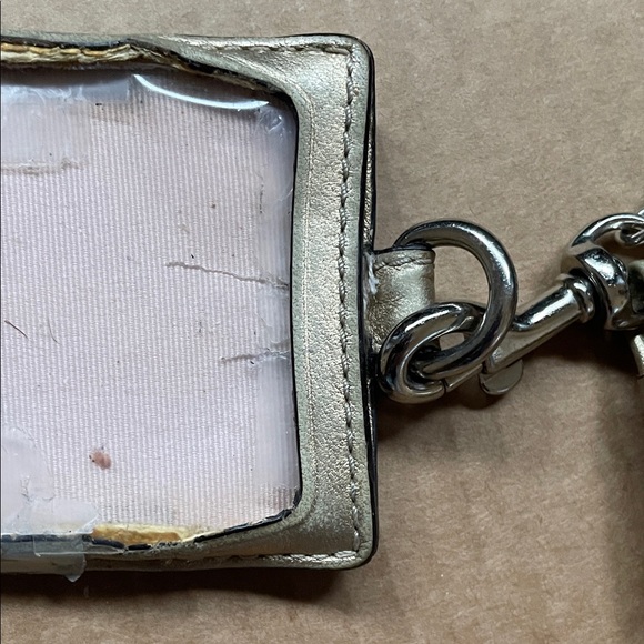 Coach Brown Signature Canvas Lanyard ID Holder with Metallic Trim - Picture 4 of 5